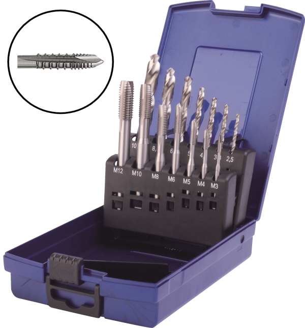 Coffret Métrique Tarauds Machines et Forêts pour Aluminium Trou Passant HSS M3-M12